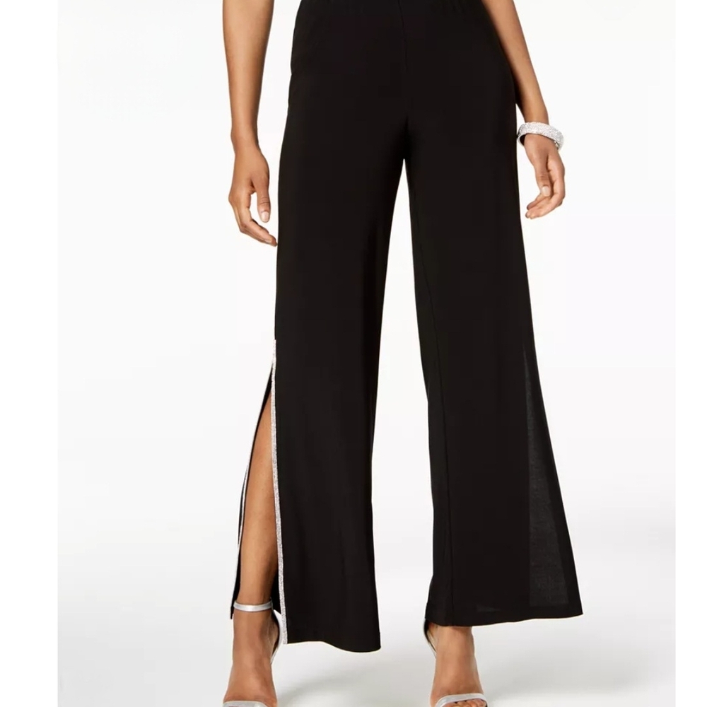 MSK Black Wide Leg Pants with Rhinestone Trim Side Slits – Size M
